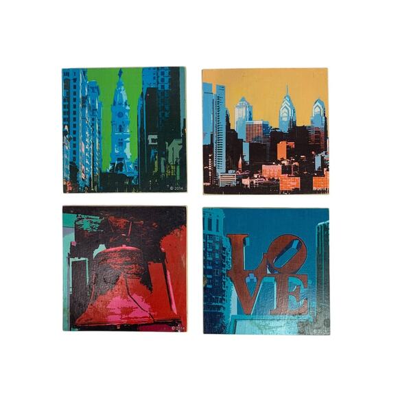 Set of 4 Magnet Drink Coasters Wooden Philadelphia 2014 Bright Graphics - Picture 1 of 9